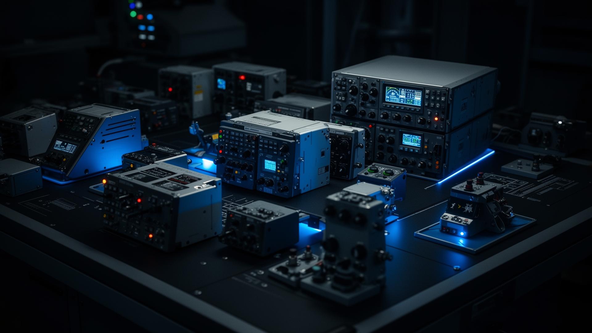 Avionics line replaceable units on a test bench