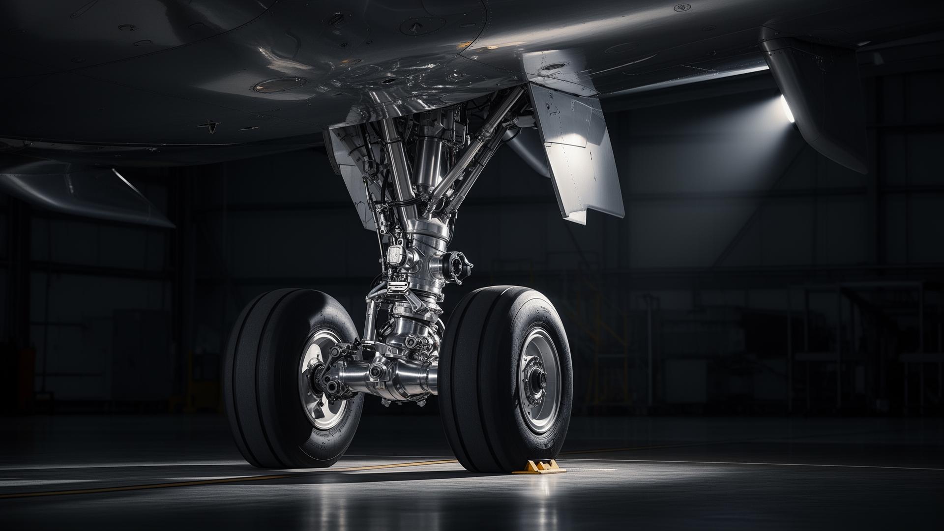 Aircraft landing gear in a maintenance hangar